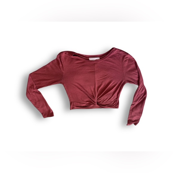 Women’s Burgundy Ribbed Long Sleeve Crop Top w/ Knotted Front | Size Small - Picture 4 of 10